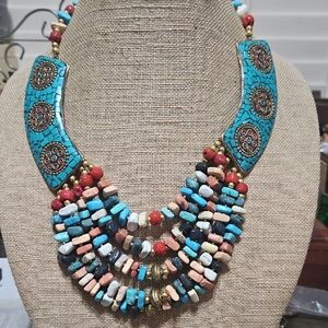 Boho Turquoise Multi-Bead Statement Necklace By Tanjore